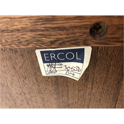  Ercol Golden Dawn finish elm lowline two door cabinet, plinth base (W96cm, H60cm, D48cm)  and matching cupboard with single drawer (W52cm, H71cm, D50cm) (2)  