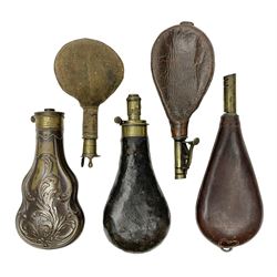 Two powder flasks - one leather covered by James Dixon and the other scroll embossed copper by Hawksley; together with three brass mounted shot flasks, one with Irish style dispensing action (5)