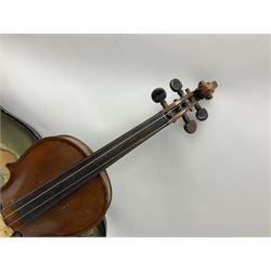 Late 19th/early 20th German three-quarter size violin with 33cm two-piece maple back and ribs and spruce top L54.5cm overall; modern Chinese student's violin with two bows; and small banjolele; all cased (3)
