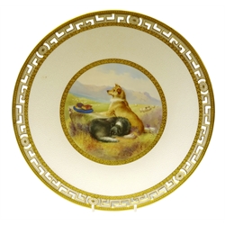  Late Victorian Minton cabinet plate the reserve painted with 'The Shepherds Dog' after Edwin Landseer and attributed to Henry Mitchell, incised seaweed pattern surround within a gilt and pierced geometric border, c1879, D24cm. Provenance Property of Bob Heath, Brandesburton Formerly of Ravenfield Hall Farm near Rotherham  