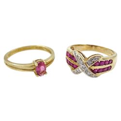 Gold diamond crossover ring, with ruby set shoulders and a gold oval pink stone ring, both 9ct hallmarked or stamped