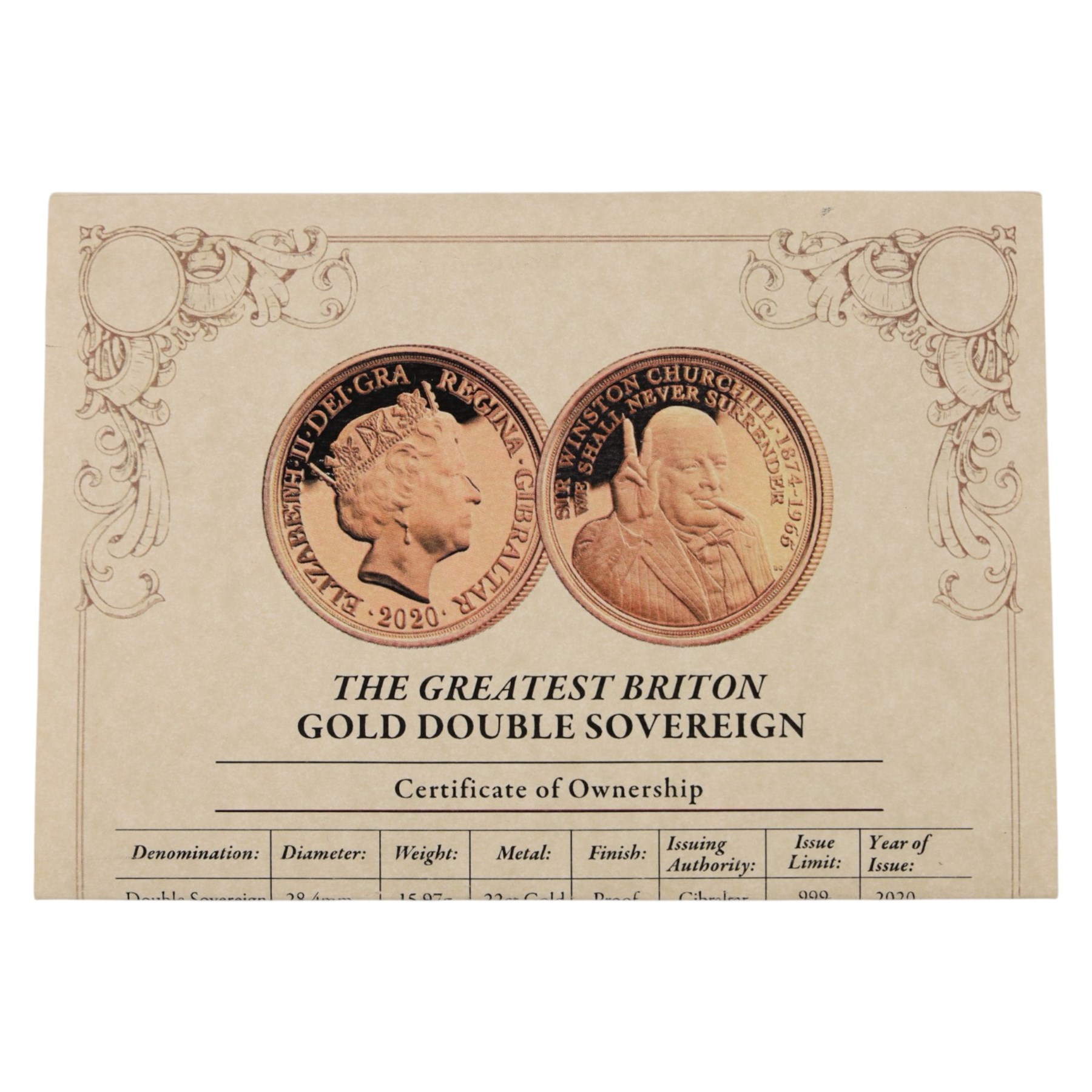 Queen Elizabeth II Gibraltar 2020 'The Greatest Briton' gold proof double sovereign coin, issued by The London Mint Office, cased with certificate