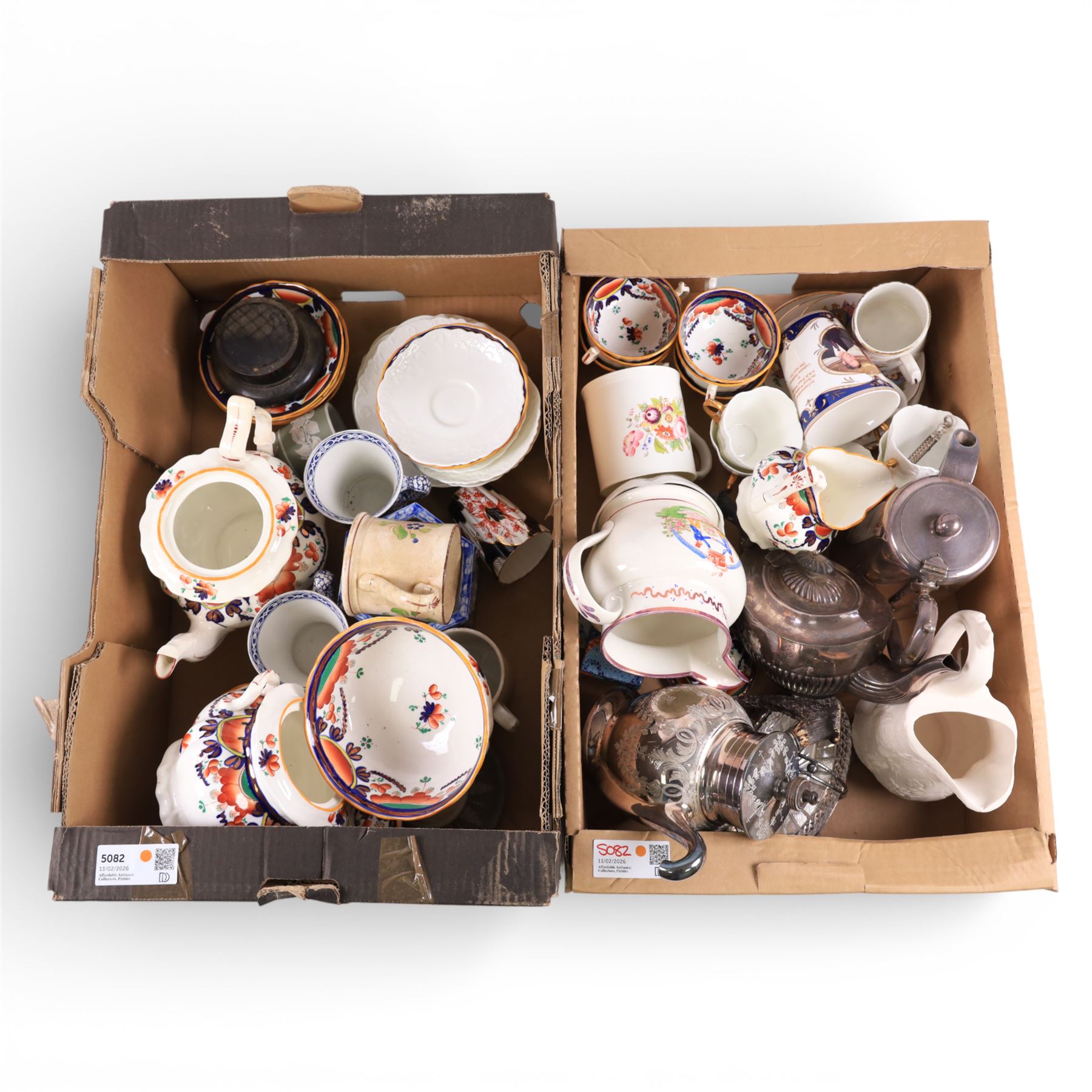 Collection of ceramics and metalware, including Gaudy Welsh part tea service, Sunderland lustre mug and Orange Men jug, Wileman & Co tumbler, silver plated self-pouring teapot, etc