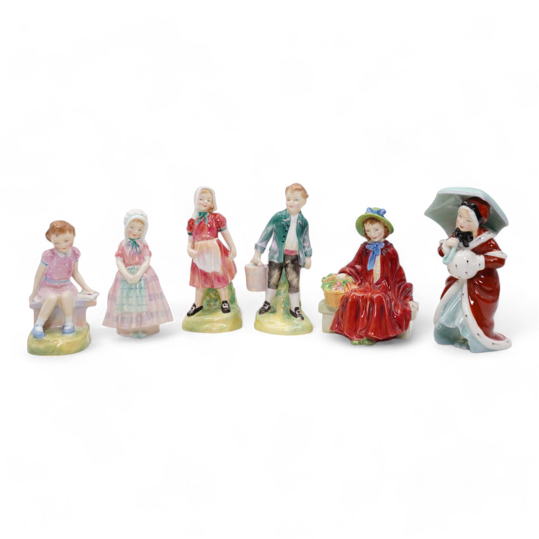 Six Royal Doulton figures comprising 'Jack' and 'Jill' HN2060 & HN2061, 'Once Upon a Time', 'Tootles', 'Miss Muffet' and 'Linda' (6)