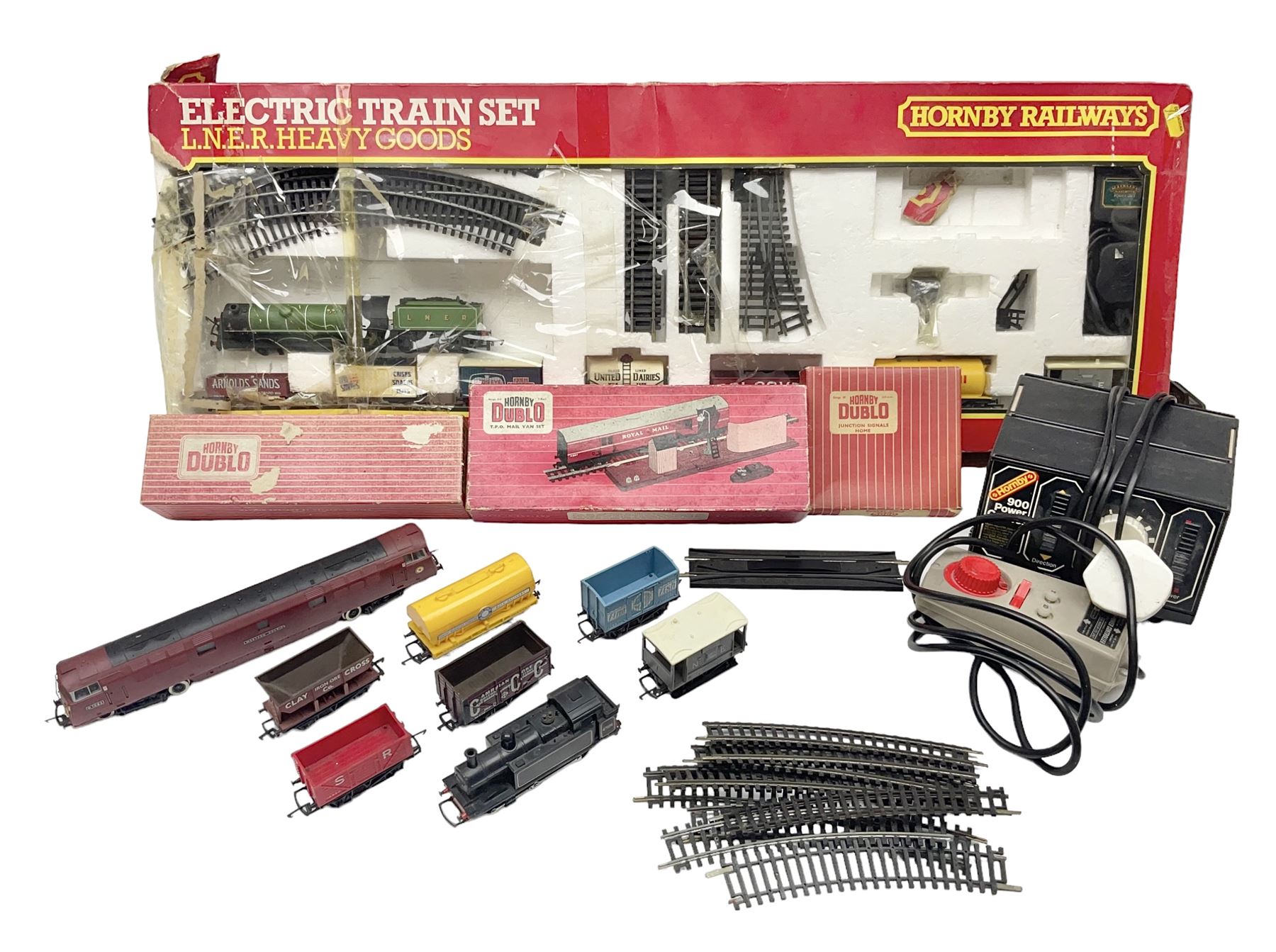 Hornby '00' gauge - LNER Heavy Goods Electric train Set with Class B12 4-6-0 locomotive No.8509, tender, seven wagons and accessories; boxed; Class 52 'Western' Diesel Hydraulic C-C locomotive 'Western Courier' No.D1062; Class 3F 'Jinty' 0-6-0 tank locomotive No.47606; and six goods wagons; two power controllers and oddments of track; all unboxed; together with Hornby Dublo TPO Mail Van Set with separate Line Side Apparatus and Junction Signals; all boxed