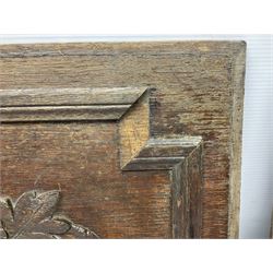 Pair of oak furniture door panels, carved in relief with a fox to one and a hound to the other, together with a pair of smaller oak panels, carved in relief with a hare to one and a grouse to the other, doors W63.cm x H62cm, panels W43cm x H60cm