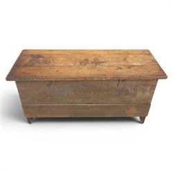 19th century oak boarded blanket box, with chip-carved edges, raised on shaped cut away bracket supports