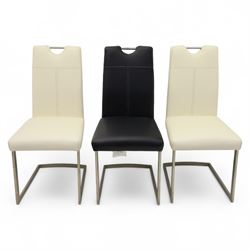 Set of seven contemporary style dining chairs, each with a high padded back and seat upholstered in faux leather on brushed steel sled bases  