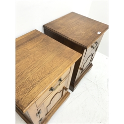 Pair traditional medium oak bedside/lamp cabinets, fitted with cupboard and drawer, W46cm, D43cm, H64cm