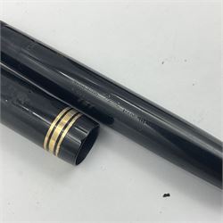 Three Swan Mabie Todd fountain pens, comprising Self Filler 3162 with black barrel and cap with single band and gold nib stamped Eternal 1 14ct, together with two Calligraph examples with gold nibs stamped 14ct, one with box, largest L12.5cm