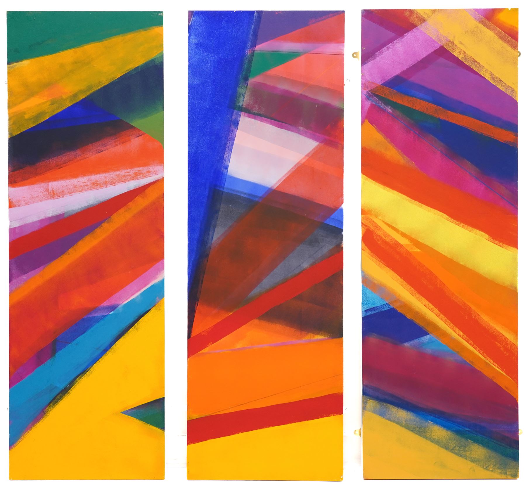 Gillian Ross Kelsey (British 1935-2025): 'Green Triangle 1' 'Green Triangle 2' and 'Sandbar 2', triptych of three acrylics on hardboard, all titled and one signed verso all 123cm x 41cm (3) (unframed)