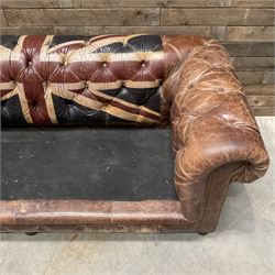 Chesterfield two sofa upholstered in brown leather, with Union Jack pattern, no seat cushions - located in storage, viewing not available