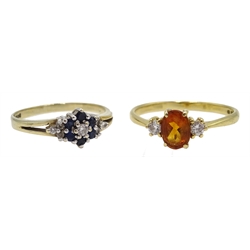  18ct gold citrine and diamond three stone ring and 9ct gold diamond and sapphire ring both hallmarked (2)  