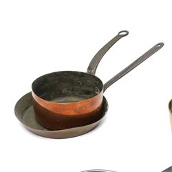 Four Victorian brass saucepans, largest 17cm, copper saucepan 19cm, copper pan and lid