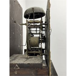 18th century oak longcase clock with later carving, the hood with projecting cornice over square glazed door, trunk door carved with tree of life, foliage carved base, on ogee bracket feet, brass dial with Roman chapter ring and subsidiary seconds and calendar aperture, ornate mask cast spandrels, twin train driven movement striking on bell 