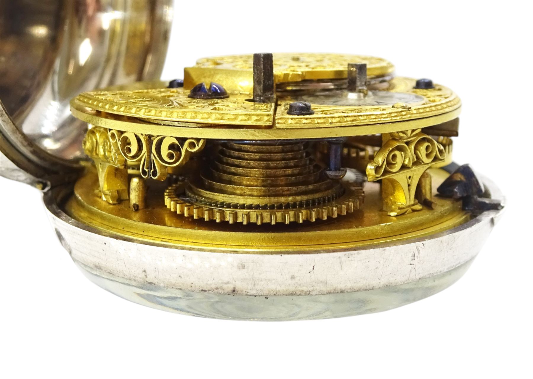 George III silver and gilt metal triple cased verge fusee pocket watch, for the Turkish market by Markwick Markham Borrell, London, No. 23209, ornate classical design pillars, pierced and engraved foliate balance cock, white enamel dial with Turkish numerals, bull's eye glass, the silver cases by James Richards, London 1804, the silver and gilt outer case decorated with green shagreen