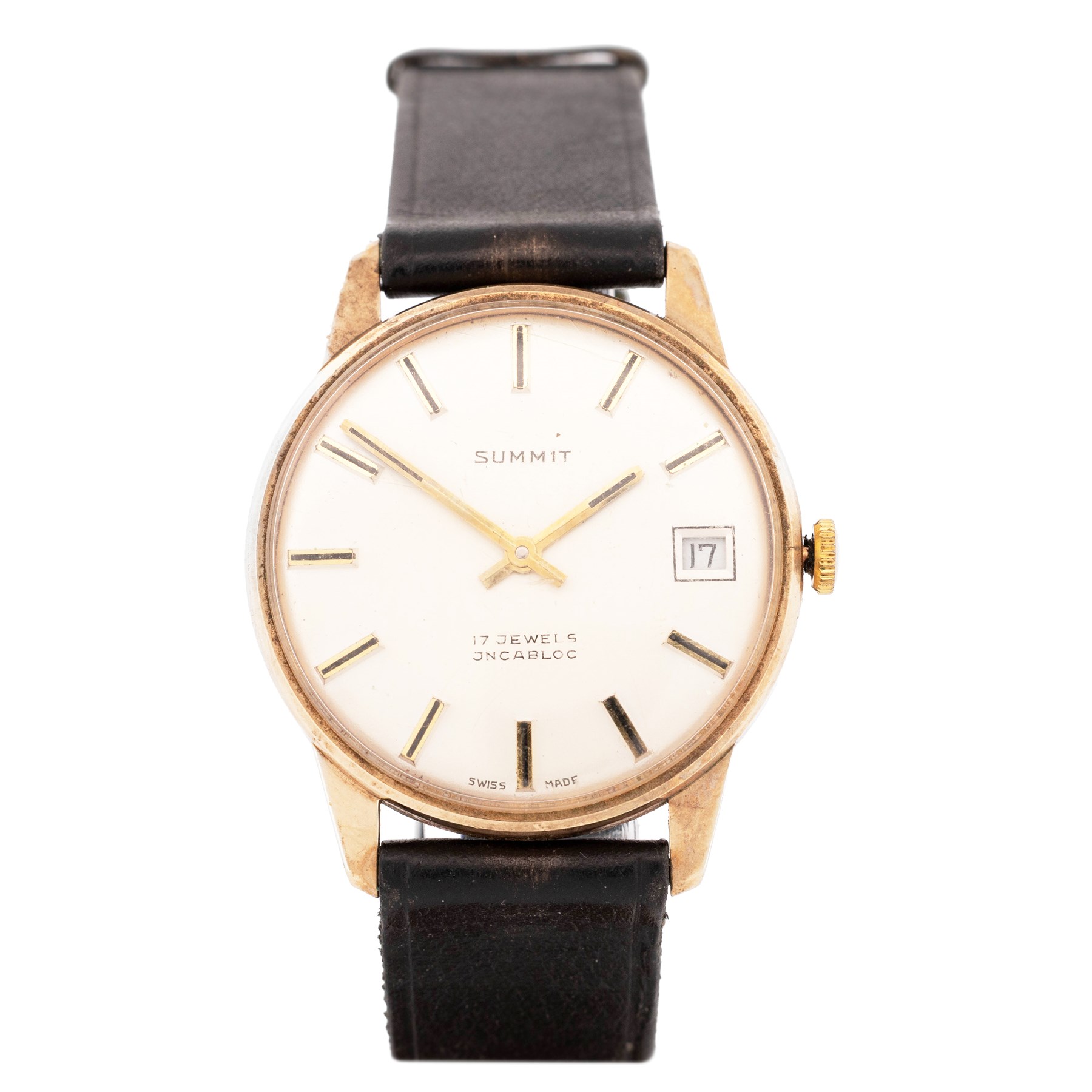 Summit gentleman's 9ct gold manual wind wristwatch, silvered dial with baton hour markers and date aperture, London 1974, on black leather strap