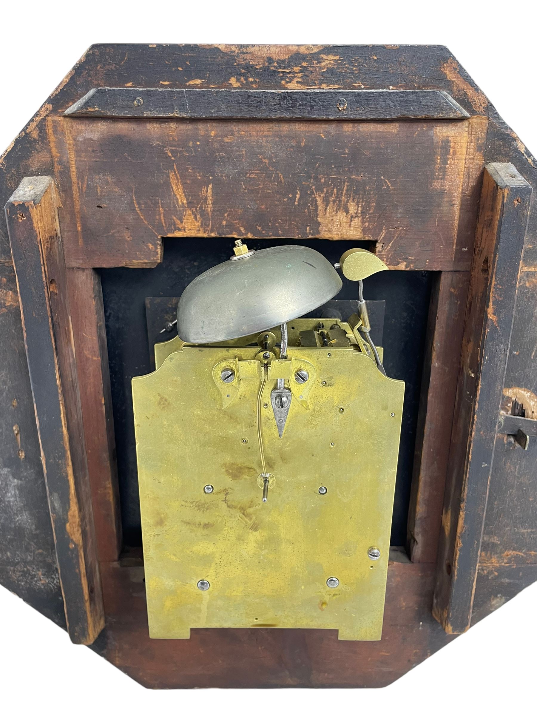 Charles Johnson of Wigan - mid-19th century twin fusee mahogany drop-dial wall clock, with an octagonal dial surround with brass inlay, carved fan ears to the glazed box with pendulum adjustment door, 12