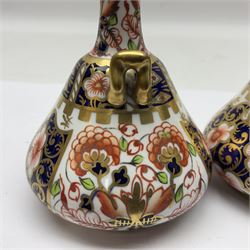 Pair of Royal Crown Derby 6299 imari pattern miniature vases, together with a miniature pitcher and dish in 2451 imari pattern, all with printed marks beneath, vase H12cm 