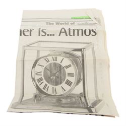 Jaeger-LeCoultre Atmos Clock - Caliber 528-6, 
gold-plated brass with glass panels, 15 jewel movement with atmospheric bellows winding motor, serial number 161881, circa 1960s, with engraved presentation plaque for W.W. Clayton, Canton Golf Club, 1964, in maker's box with instruction booklet, minute hand detached, H23.5xW21xD16cm