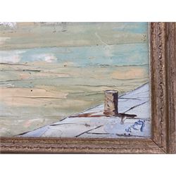 George Muris (British c.1914-1988): Continental Harbour Scene, impasto oil on board signed, titled verso 49cm x 59cm 