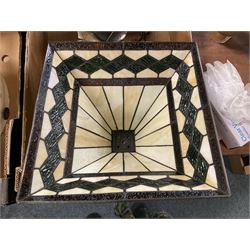 Tiffany style glass lampshade, together with a glass fly catcher shade, chandelier, table lamp etc