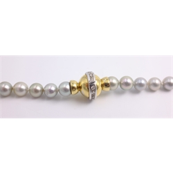  Single string of grey pearls, on heavy 18ct gold diamond set clasp stamped 750  