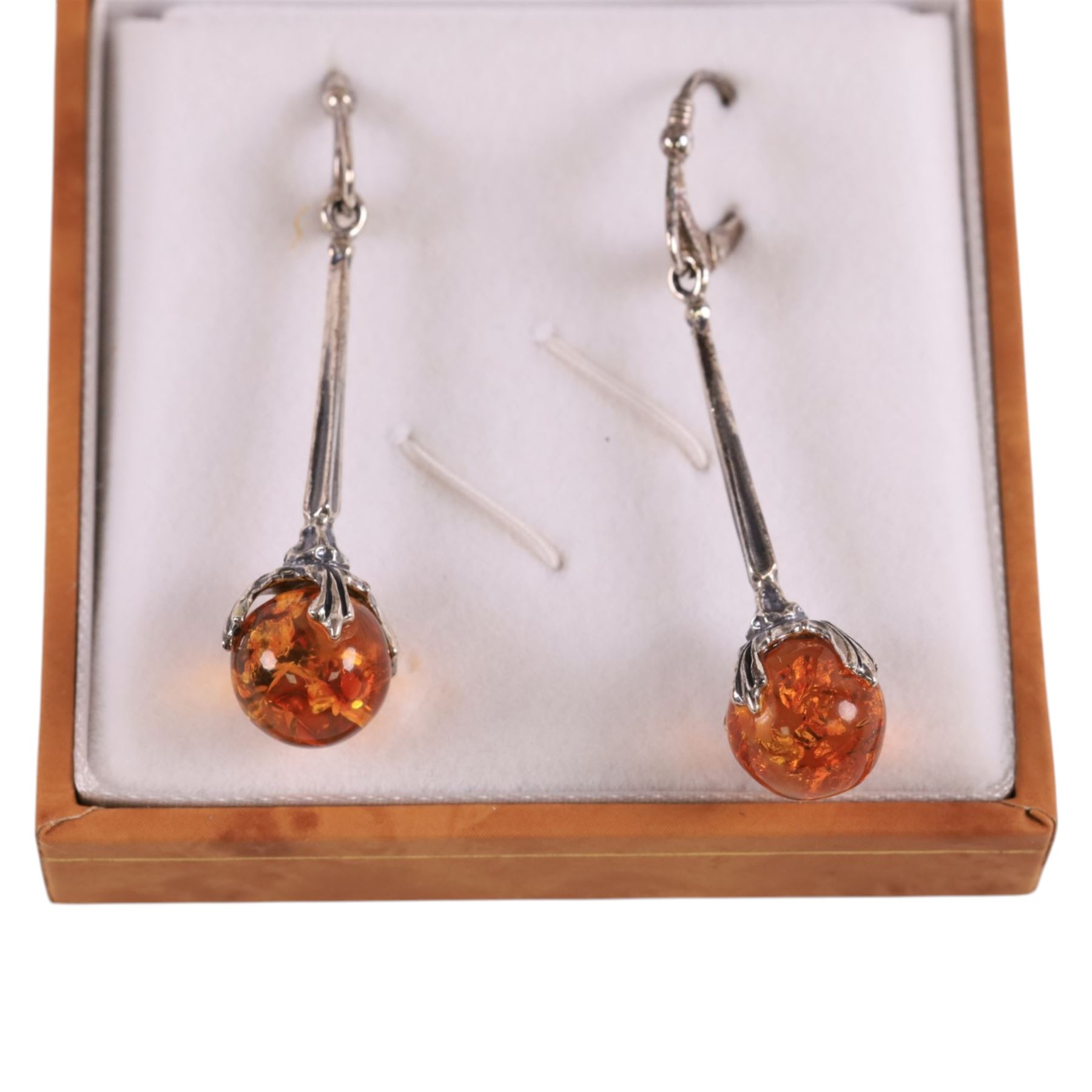 Pair of silver Baltic amber pendant earrings, boxed, L5cm