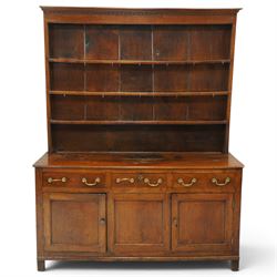 18th century oak dresser with rack, the three-tier plate rack with dentil-carved cornice, ...
