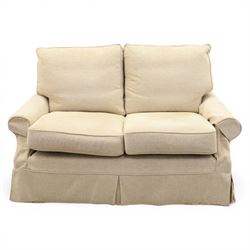 Wesley Barrel - two seater sofa and matching armchair,with scrolled arms and loose cushions, beige chenille fabric, raised on castors  (Armchair: H 100cm, D 100cm, W 87cm)