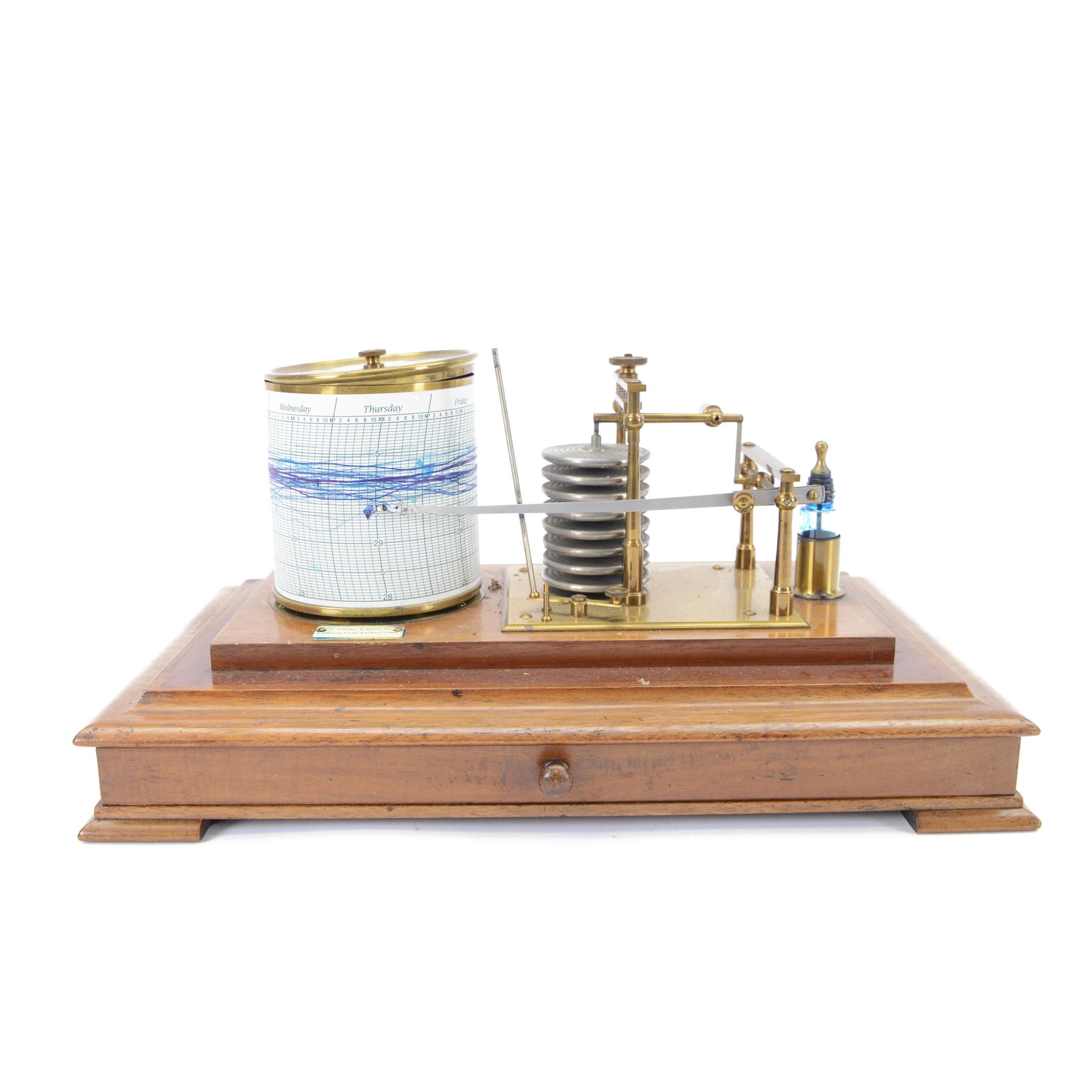 20th century T. Cooke & Son barograph, with clockwork movement and glass ink bottle, upon a wooden base with one drawer and four bracket feet, H20cm, L36cm