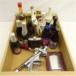  St. Simon Whisky Cream Liquor, 17%vol, 70cl, Cherry Brandy & Banana liqueur in shaped novelty decanters, another empty, & a Fruit Liquor, 40%vol a Hennessy Cognac Hip Fask in box, Remy Martin Hip Flask, Commemorative Ales: Bass, Ind Coope, Courage & Camerons  1981 Royal Wedding, Bass 50th VE day,  Castle Rock 'Kiss me Kate' and a counter top wine bottle cork remover with screw fitting, chromed metal body with red handle, L53cm (14)  