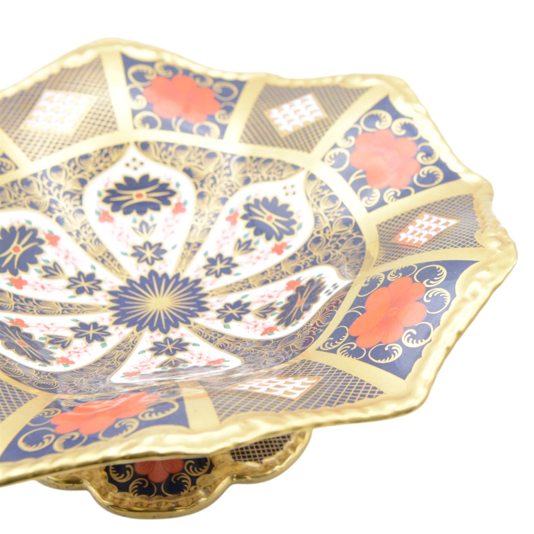 Royal Crown Derby Imari 1128 pattern comport with fluted rim, with printed marks beneath including year cypher for 1998, second quality, H12cm, D30cm