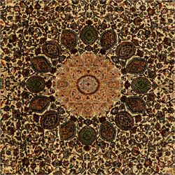 Persian Nain hand-knotted rug, central circular medallion with radiating floral scrolls and palmettes enclosed by ivory field with boteh and foliate motifs, framed by a series of guard stripes and a main border with scrolling arabesques in a midnight blue ground 