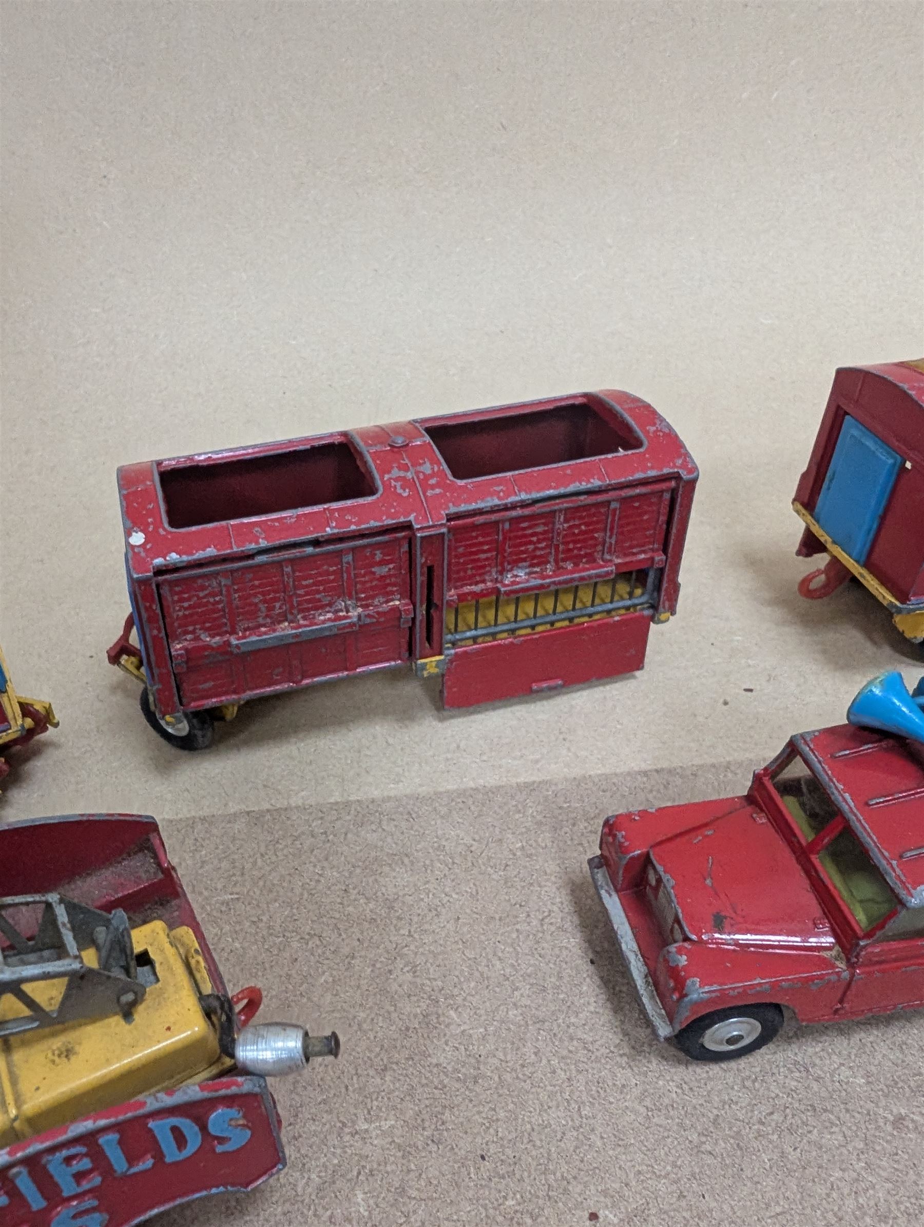 Corgi Major Toys diecast Chipperfields Circus vehicles and similar, comprising International 6x6 Truck, four Circus Animal Cages, Land Rover 109 WB, three Bedford Tractor Units and a Farm Trailer