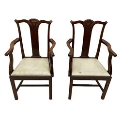 Pair of Georgian style mahogany armchairs, shaped cresting rails with central curved arch over straight splats, upholstered drop in seats, square supports with mould joined by plain stretchers 