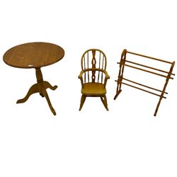 Pine tripod table, towel rail and a child’s Windsor rocking chair (3)