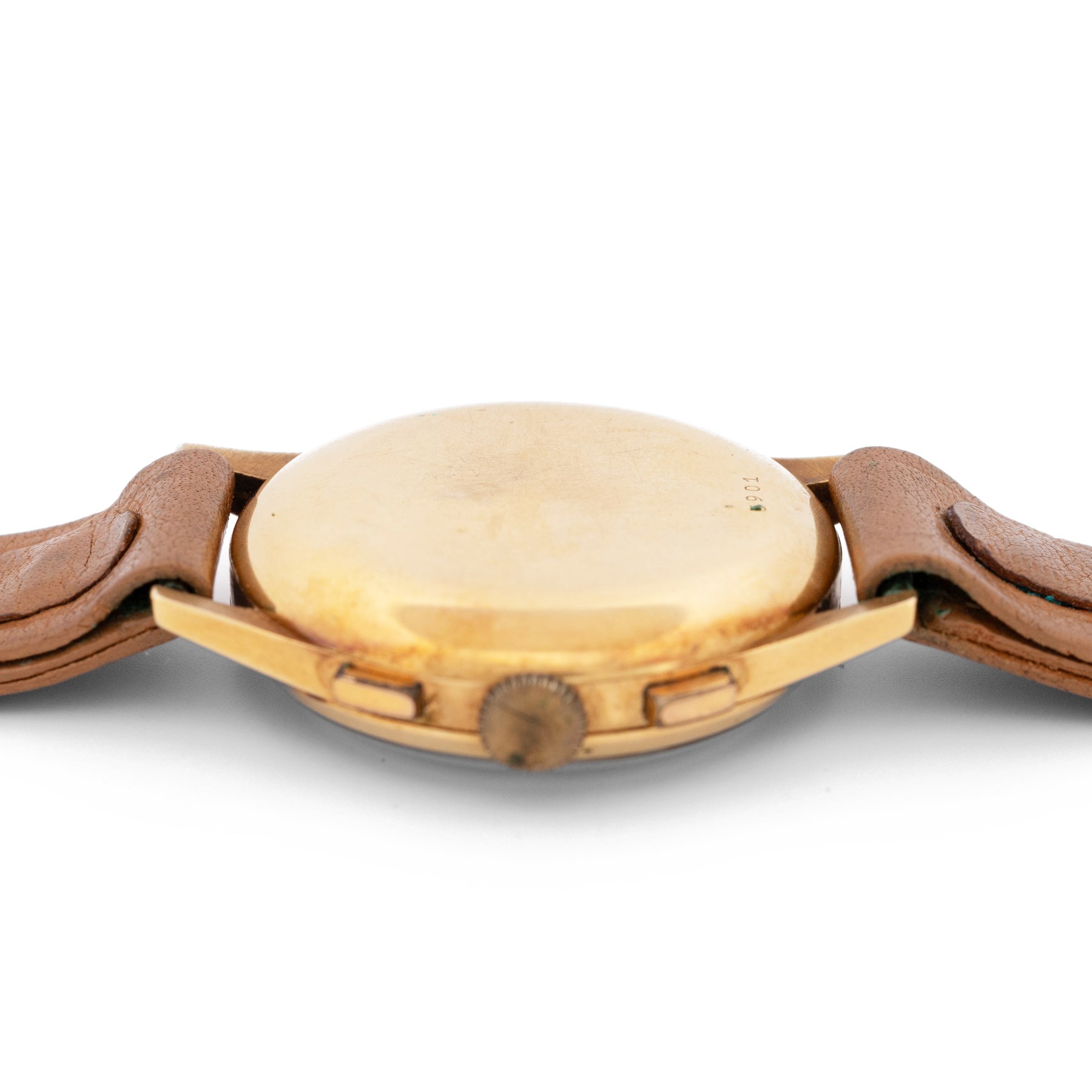 Delbana gentleman's 18ct gold manual wind chronograph wristwatch, circa 1950, dial with square and Arabic hour markers, subsidiary dials at 3 and 9 for seconds and 30 minute recording, stamped 18K 750 with Helvetia hallmark, on brown leather strap