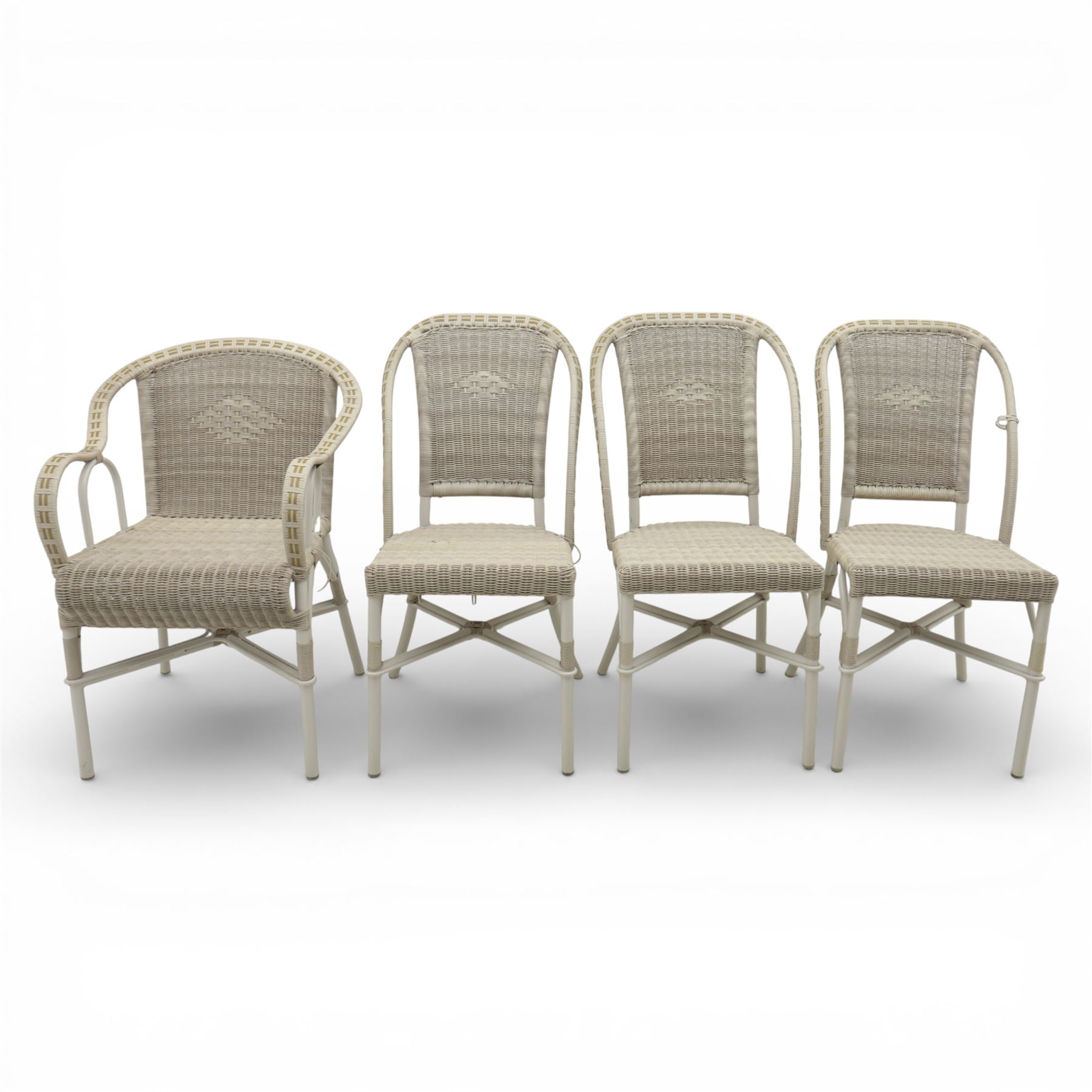 Kok Maison - 20th century French wicker chairs, set of eight including two carvers, with arched woven backs and seats in close cane weave, the frames painted cream, the arms with wrapped wicker detail, raised on turned supports united by cross shaped stretchers