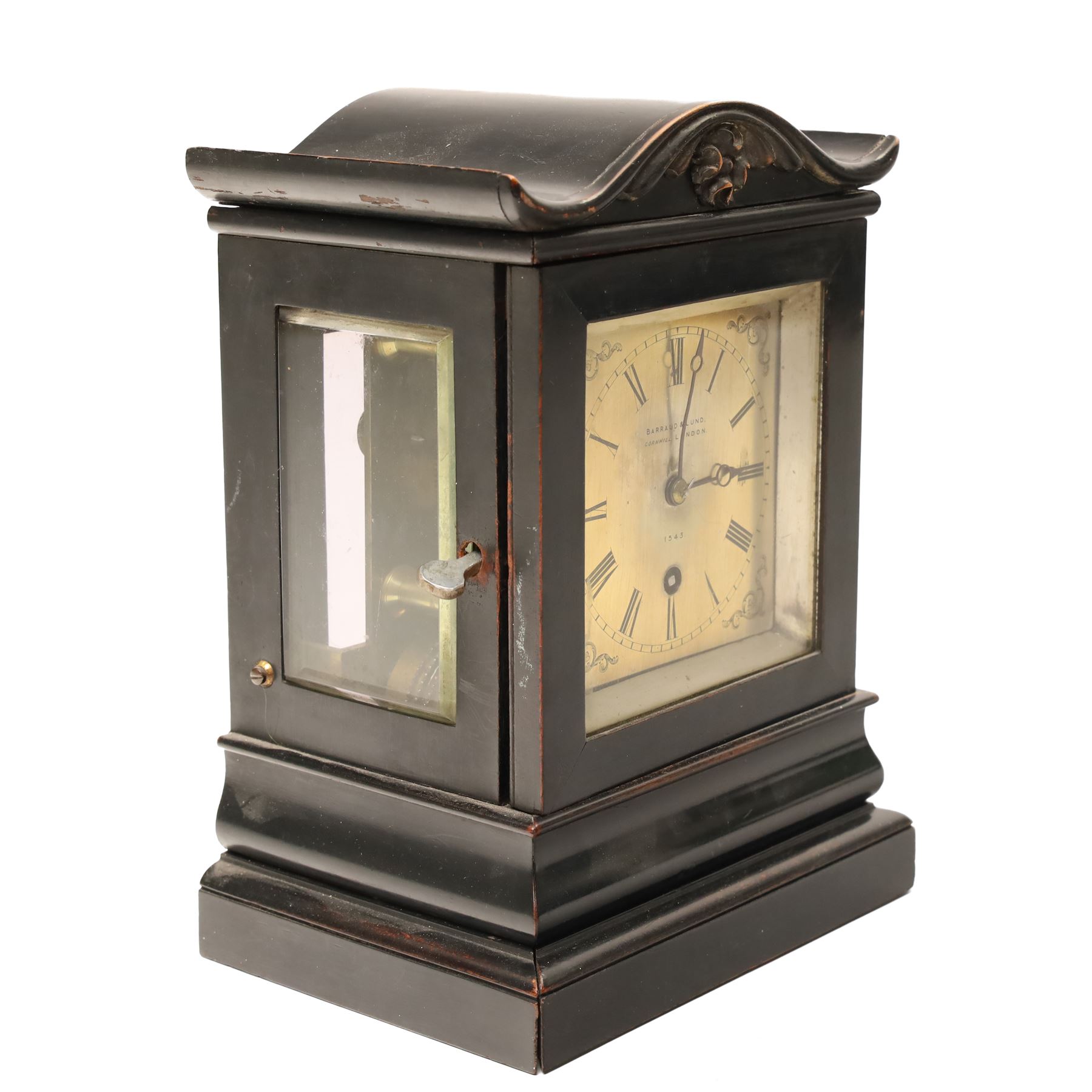 Early Victorian mantel clock, the brass dial inscribed Barraud and Lund, Cornhill, London, No 1543 with chain fusee, plain brass back plate in ebonised case with serpentine top H23cm
