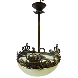  Regency style gilt metal centre light fitting, the circular frame surmounted with three Crowns and wreaths above a domed frosted glass shade, H48cm approx D33cm   