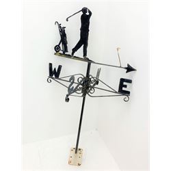 20th century weather vane, the pointing pediment depicting golfer and golf trolley, scroll work supports, mounted on side bracket, H134cm