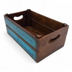 Three-piece champagne advertising display set, comprising pine steps with painted Dom Pérignon and Bollinger lettering, and two wooden boxes branded Moët & Chandon and Veuve Clicquot (Steps H 80cm, W 44cm, D 68cm, crates each H 18cm, W 44cm, D 26cm)