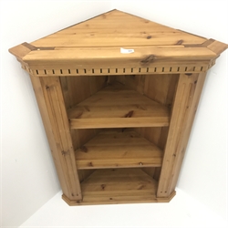  Country made pine bookcase, two shelves, plinth base (W101cm, H79cm, D25cm) and pine corner cabinet (2)  
