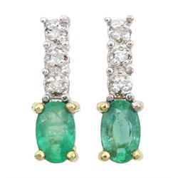  Pair of 9ct gold oval emerald and round brilliant cut diamond stud earrings, stamped 375