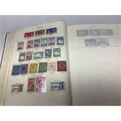 Single album collection of King George VI stamps, including Aden, Antigua, Ascension, Australia, Bahamas, Bahrain, Barbados, Basutoland, Bechuanaland, Bermuda, British Solomon Islands, Brunei, Burma, Cayman Islands, Dominica, Falkland Islands, Gambia, Gilbert and Ellice Islands, Gold Coast, Great Britain 1939-48 set to one pound including ten shilling dark blue, Grenada, Hong Kong, India, Ireland, Jamaica, Leeward Islands, Malta, Mauritius, New Zealand etc