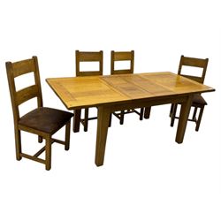 Solid oak extendable dining table and set of four matching chairs, two leaf inserts, with breadboard ends on tapered square supports (Extended length 205cm)