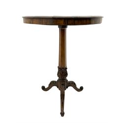 Early Victorian rosewood tripod pedestal table, circular moulded top hand painted with flowers and birds on slate, on tapered hexagonal column with carved acanthus leaf baluster, three splayed supports carved with foliage and scrolling terminals 