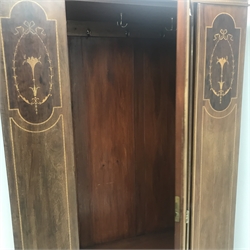 Edwardian inlaid walnut wardrobe, projecting cornice, single mirrored door and drawer, plinth base, W130cm, H208cm, D56cm