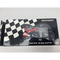 Four Minichamps 1:12 scale die-cast motorcycles - Honda RC211V Team Movistar Honda MotoGP Rider Marco Melandri MotoGP 2005; Yamaha YZR-M1 Antena 3 Yamaha D'Antin Shinya Nakano MotoGP 2003; Yamaha YZR-M1 Max Biaggi MotoGP 2002; and Ducatti 999FO4 Gregorio Lavilla BSB 2005; all boxed (4)